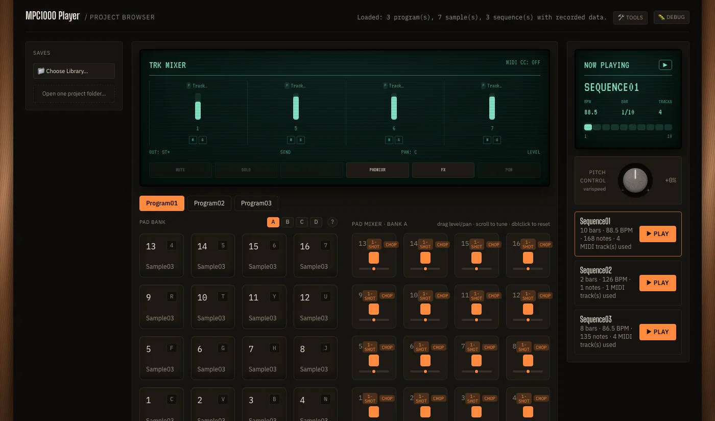 MPC1000.com Player, showing a loaded project